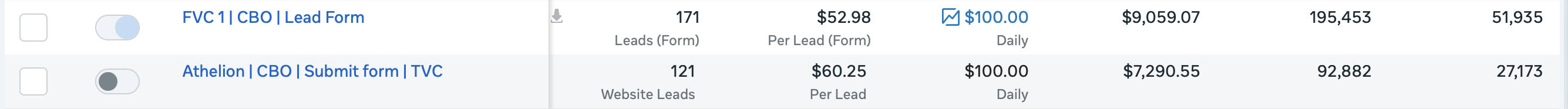 FVC campaign metrics: 171 leads at $52.98 per lead and 121 website leads at $60.25 per lead
