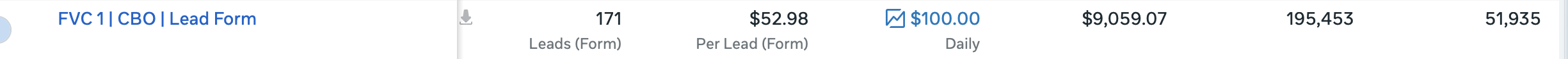 FVC 1 CBO Lead Form: 171 leads at $52.98 per lead, $100 daily, $9,059.07 spend, 195,453 reach, 51,935 impressions